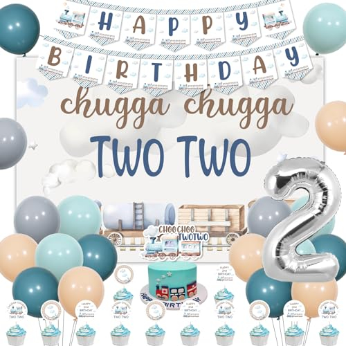 kreat4joy Chugga Chugga Two Two Birthday Party Decorations, 2nd Train Birthday Decorations, Retro Blue Balloons Backdrop Banner Cupcake Cake Toppers Number 2 Foil Balloon for 2 Year Old Birthday Party