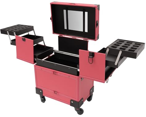 Kosmetikkoffer Groß Make Up Koffer Trolley mit 6 Ausziehbaren Fächern Schwammfutter 4 Universalrädern Friseurkoffer für Visagisten Friseure Nageltechniker Kosmetiker (Rose)