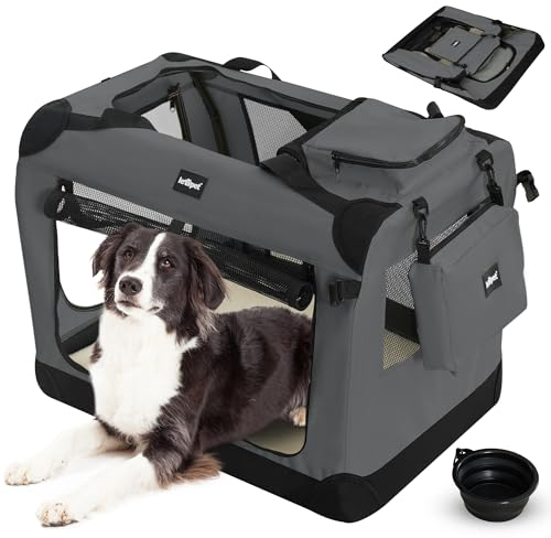 Leopet® Hundebox - Faltbar, Große/Kleine Hunde, Stoff, mit Napf, für Zuhause, Auto - Transportbox, Transporttasche, Tragetasche, Hunde, Katzen, Haustier (Anthrazit, XL: 81x58x58 cm - LxBxH)