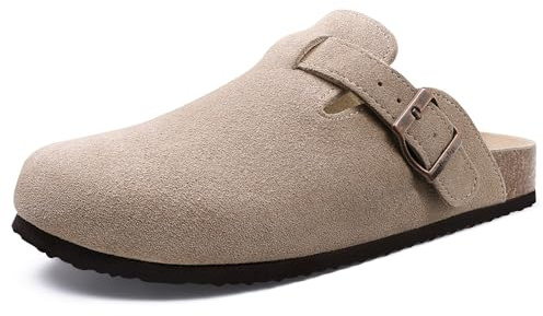 Beslip Women's Suede Clogs Soft Cork Footbed Leather Mules Comfort Potato Shoes with Arch Support, Taupe Women Size 6.5