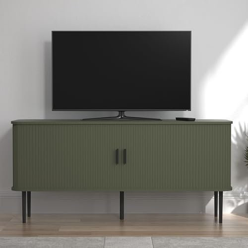 Galano Stanney Wide TV Unit – Entertainment Centre for up to 55 TV – 130cm TV Stand Cabinet with 2 Sliding Doors – Large Storage for Living Room – Kale Green