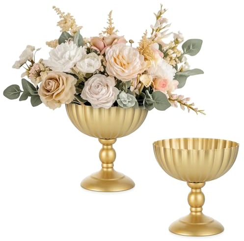 Sziqiqi Gold Urn Vase for Wedding: 7.9in Tall Vases Centrepieces for Table Decorations - Set of 2 Metal Flower Urn Vases for Floral Arrangement - Compote Bowl Vase for Birthday Party Anniversary