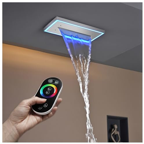 PINCHU Cabezal De Ducha LED Rectangular De 40 X 20cm Cabezal De Ducha De Techo Tipo Cascada, Acero Inoxidable 304, con Control Remoto Y 64 Luces De Colores