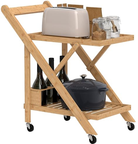 HOMCOM Carrello da Cucina a 2 Livelli Pieghevole con Ruote, Carrello Portavivande da Portata con Portabottiglie in Legno di Bambù a Doghe, 66x40x70 cm, Naturale