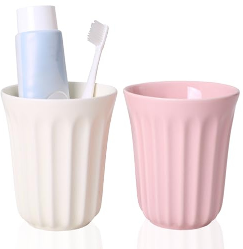 VIULIKT 14oz Ceramic Toothbrush Cup Holder, Mouthwash Cups, Modern Bathroom Organizer for Countertop, Sink or Vanity, Colors, Set of 2. (White and Pink)