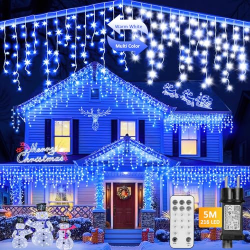 Auniq 216 LED ljuskedja med fjärrkontroll, 5m isgryta lampor med EU-kontakt, 11 ljuslägen dimbar, isregn ljusgardin med 36 droppar och 5m lång ledning för jul trädgård fest bröllop (Blått & Vitt)