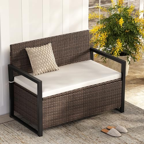 SFAREST 117cm Garden Storage Bench, 2 Person PE Rattan Deck Storage Box with Padded Cushion and Protective Liner, Outdoor Metal Frame Wicker Loveseat Park Chair Seat for Balcony Poolside (Mix Brown)