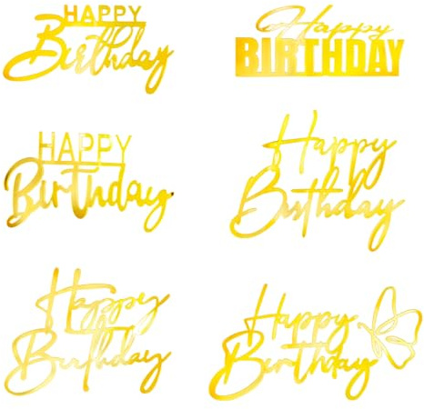 Nzexlyva 6 Pcs Happy Birthday Cake Topper, Acrylic Cake Topper, Acrylic Gold Happy Birthday Cake Baking Accessories Topper Sticks Decor Supplies for Birthday Party Anniversary Dessert