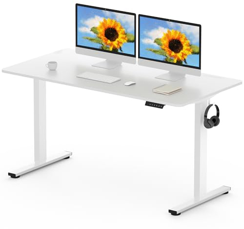 FLEXISPOT 160 x 80cm Electric Standing Desk ONE PIECE Height Adjustable Desk Sit Stand Desk with 4 Memory Smart Panel and Backpack Hook for Home Office, (White Frame+White Desktop)