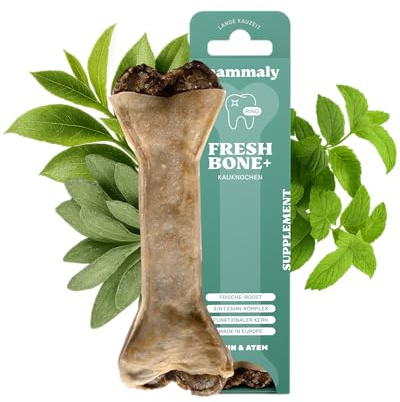 4-in-1 Zahnpflege-Kauknochen - Fresh Bone+ 1x Kauartikel (12cm) von mammaly - Kaustange aus Rinderhaut mit Salbei, Minze & Grüner Tee u.v.m. zur Mundhygiene - Kauspielzeug / -Knochen gegen Mundgeruch