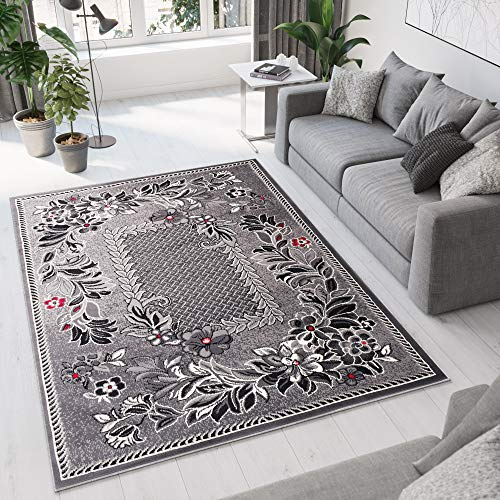 TAPISO Dream Teppich Wohnzimmer Kurzflor Grau Rot Creme Schwarz Floral Blumen Blätter Karo Bordüre Schlafzimmer Küche ÖKOTEX 160 x 230 cm