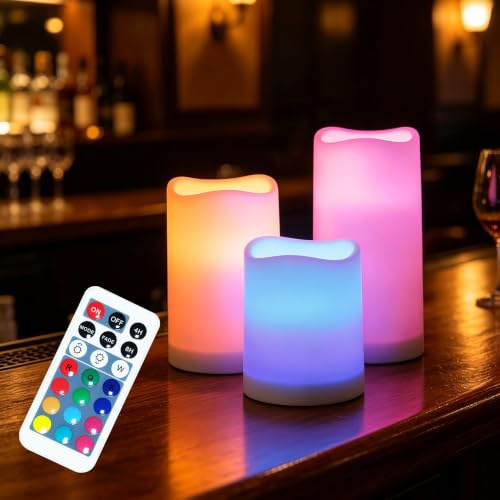 WRalwaysLX Velas de plástico sin llama para exteriores e interiores, velas parpadeantes LED que cambian de color con control remoto y temporizador, 3 unidades, utilizadas por 3 pilas AAA(coloridas)