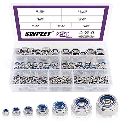 250 Stück 304 Edelstahl metrische Sicherungsmuttern Sortiment Set perfekt für Sicherungsscheiben, Nylon Einsatz Kontermutter