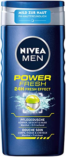 NIVEA MEN Power Fresh Nourishing Shower Gel (250 ml), Vitalising Shower Gel with Menthol and Watermint, pH Skin-Friendly Shower for Body, Face and Hair