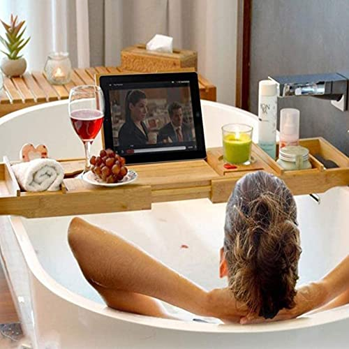 HUOLE Plateau de Bain en Bambou, Pont de Baignoire Extensible, Etagère à Baignoire de Salle de Bain avec Plateau de Rangement et Porte-Savon, Baignoire et Plateau de Lit, 75-109cm*23 * 4.5cm