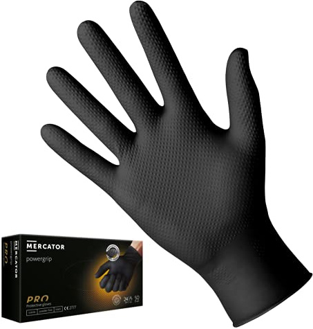 MERCATOR POWERGRIP Nitrilhandskar, svart, engångshandskar, puderfria, Storlek: XL – 50 stycken, latexfria 2 x tjocka nitrilhandskar, diamanttextur