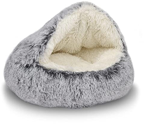 ShinHye Cat Bed Round Plush Fluffy Hooded Cat Bed Cave, Cozy for Indoor Cats or Small Dog beds, Soothing Pet Beds Doughnut Calm Anti-nxiety Dog Bed - Waterproof Bottom Washable (20×20inch, Grey)