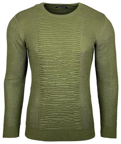 Subliminal Mode Pull Homme en Maille Col Rond - Style Basique - Pull Grosse Maille Nervuré - Pull Over Tricoté Hiver Manches Longues - Idée Cadeau BX1881 - Vert XL