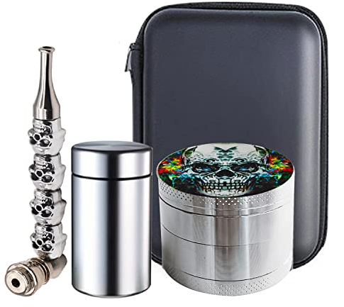 Grinder set, Spespo Macinino Meccanico per Spezie, Skull Pattern, Ø 50mm, 4 Pezzi, Macina Erbe e erba, spezie, pepe, sale, con cranio Pipa in metallo, Stash Storage Jar (Borsa con zip)