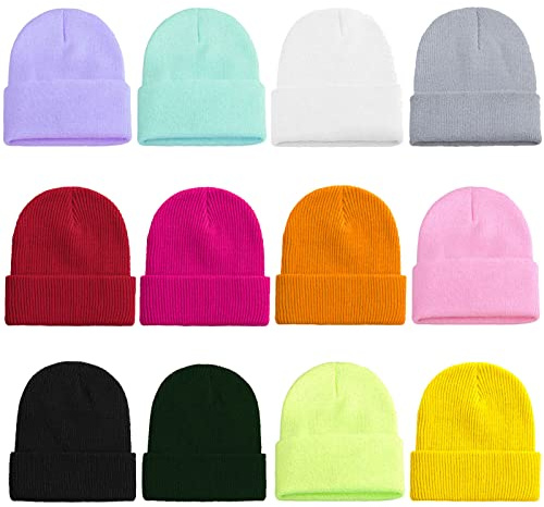 Extpro 12 Pack Beanie Hat Bulk Knitted Candy Color Cuffed Skull Cap for Women Men Teens (Multicolor-B)