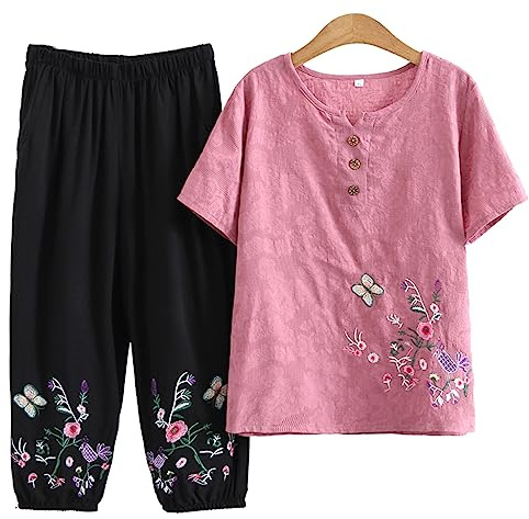 QPZK Mujeres Tang Suit Hanfu Ropa Tradicional China, Ancianos Tai Chi Uniformes para Mujeres Arte marcial Kung Fu Bording Borded Camiseta de Manga Corta y Pantalones Pink-XXL