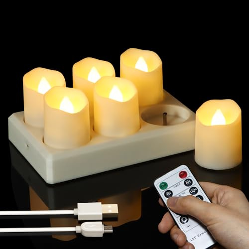 FREEPOWER 6 velas de Té LED recargables USB con estación de carga, velas eléctricas con mando a distancia, temporizador, intensidad regulable, blanco cálido, decoración navideña, diámetro 4 x 4.5cm