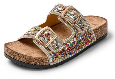 JOMIX Clogs Damen Sommer Sandalen mit Strass Frauen Bohemian Sandals Freizeit Strand Sandalette Plateau Clogs (Gold, 39 EU, SD9181)