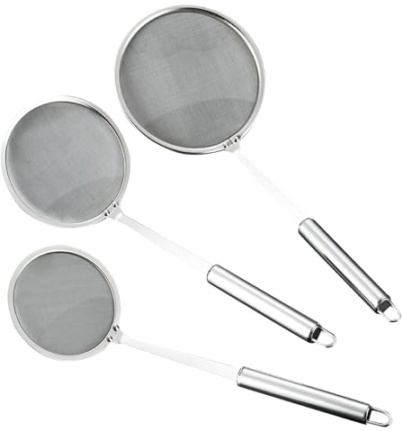Pouway 3PCS Fine Mesh Strainer Spoon, Stainless Steel Deep Fat Fryer Skimmer Spoon,Oil Filter Skimmer Strainer Spoon Mesh Ladle Kitchen Tools for Hot Pot Deep Fat Fryer Skims Fat Scums