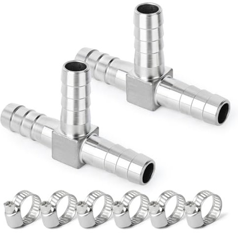 ERGAOBOY 2 Pcs 16 mm Stainless Steel Hose Nozzle Tee, 3-Way T-Shape SUS 304 Hose Fittings with 6-Piece Clamps