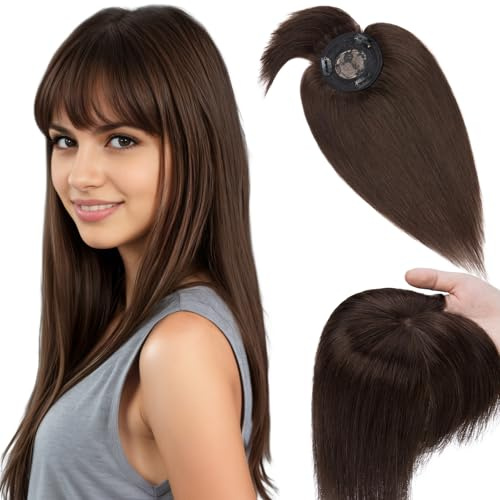 Elailite Hair Topper Donna Capelli Veri Clip 15 cm #2 Marrone Scuro Toupet Toupee Frangia Capelli Indiani 10cm*10cm con Mono 26 g)
