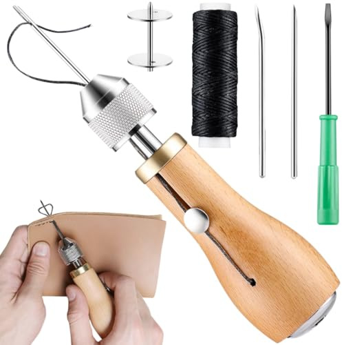 Alêne à coudre en cuir + fil ciré + aiguilles incurvées et cônes, ensemble d'outils de couture en cuir, accessoires de couture en cuir avec tournevis, bobine intégrée