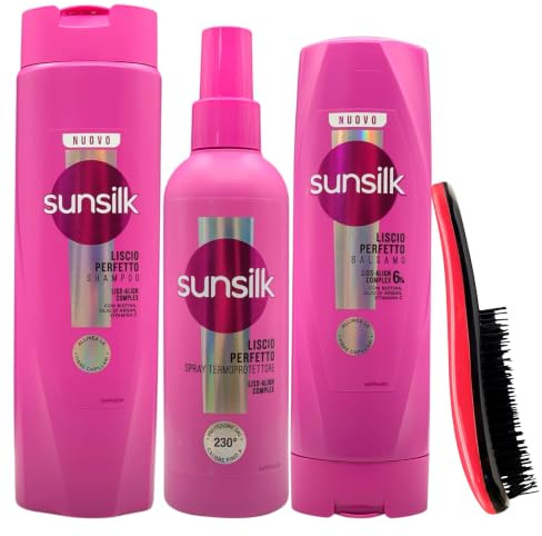 SET LISCIO PERFETTO: Shampoo Per Capelli Lisci 250ml + Balsamo Per Capelli Lisci 200ml + Spray Termoprotettore 200ml + Spazzola Scioglinodi (Colori Assortiti)