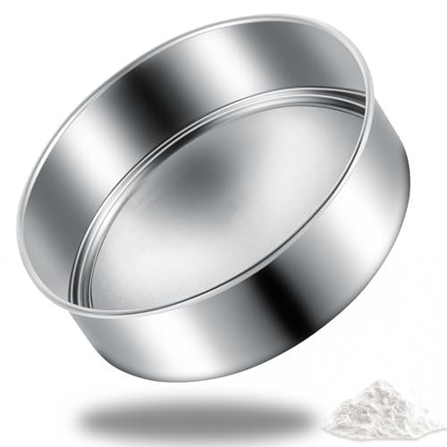 Flour Sifter 6Inch Stainless Steel Fine Mesh Strainers, 60 Mesh Round Flour Sieve for Baking Straining Powdering Cake Bread Pies Pastries Muffin Cake Silver