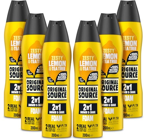 Original Source Lemon & Tea Tree 2 in 1 Shower and Shave Foam (Pack of 6)|100 Percent Natural Fragrance | Vegan, Cruelty Free, Paraben Free|Bulk Buy, 6 x 200ml