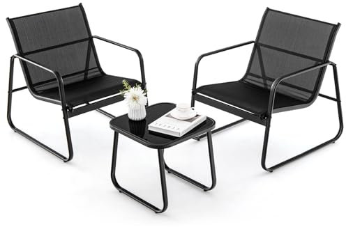 COSTWAY 3-TLG. Gartenmöbel Set, Balkonset mit 2 Stühlen und Tisch, Balkonmöbel mit atmungsaktivem Stoff, Terrassenmöbel, Gartengarnitur, Sitzgruppe für Terrasse, Balkon, Garten (Schwarz)