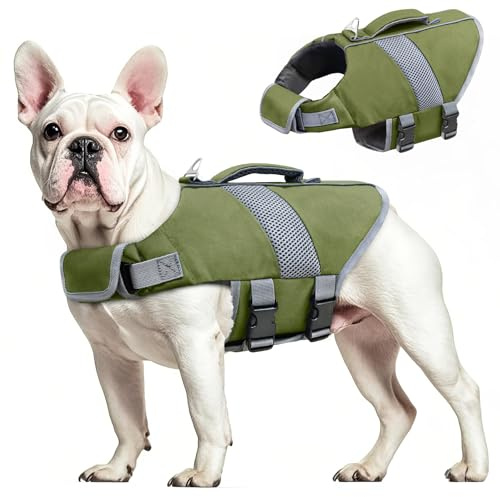 Oslueidy Salvagente Cane Giubbotto di salvataggio Alta Flotation, Cappotto riflettente per il nuoto Nautica Surf Kayak (Grün, M)