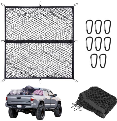 Mycket elastiskt bagagenät 120 x 120 cm, lastbils-sängorganiserare med 8 stålkarbinhakar, bagagetät för bagageutrymme, biltak för de flesta bilar lastsäkring, ett lager