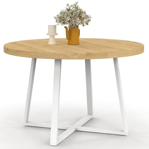 IDMarket Selma – Mesa de comedor fija redonda para 4-6 personas, madera y blanco, 110 cm