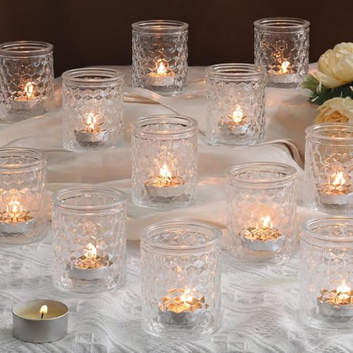 LETINE 12 PCS Tea Light Candle Holders, Clear Tealight Holders Votive Candle Holder, Glass Tea Light Holders for Wedding Decor Table Decorations Centrepiece Ramadan Decorations
