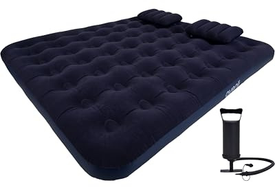 AVENLI Colchón de aire para camping con 2 cojines y bomba para 2 personas, 203 x 183 x 22 cm, colchón inflable, cama de invitados, superficie de descanso suave con superficie flocada, cama de viaje