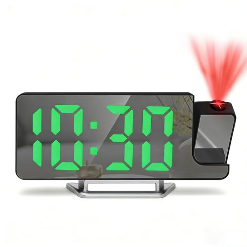 Tisaika Projection Mirror Alarm Clock for Bedroom LED Digital Clocks Bedside with Clear Digit 180° Rotatable Projector Snooze Date Temperature 12/24H 3-Level Brightness Night Mode for Home Office
