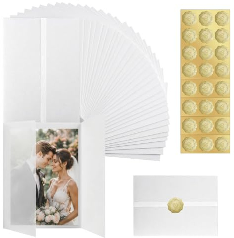 Xqzbmt 55Pcs A5 Vellum Paper Jackets for Invitations with Gold Sealing Stickers, Printable Pre-Folded Translucent Vellum Paper Wrap Jackets for Wedding Bridal Baby Shower Birthday Party