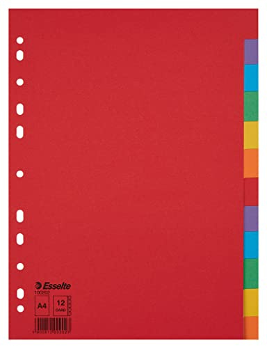 Esselte Separadores para A4, 10 unidades, 12 separadores con pestañas, rojo/multicolor, cartón reciclado, 100201