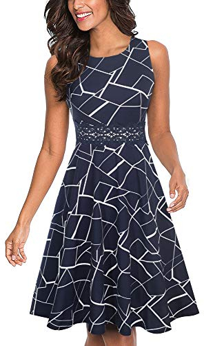 HOMEYEE Damen Vintage Rundhalsausschnitt ärmellosen Blumen Bestickt knielangen Cocktailkleid UKA079 (EU 38 = Size M, Stripe)