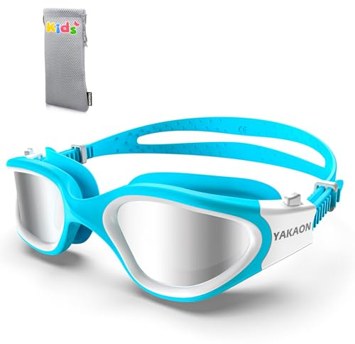 YAKAON Schwimmbrille Kinder, A1MINI Polarisiert Komfortabel Kinder Schwimmbrille Anti Nebel UV-Schutz Schwimmbrille für Mädchen und Jungen (A8-Polarized-Blue-Silver)