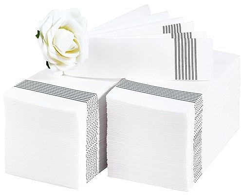 LITOPAK 100 Stück Gästehandtücher Einweg, weiche und saugfähige Badezimmerservietten, Papier-Gästetücher für Badezimmer, Party, Hochzeit oder Veranstaltungen. Weiß und Silber