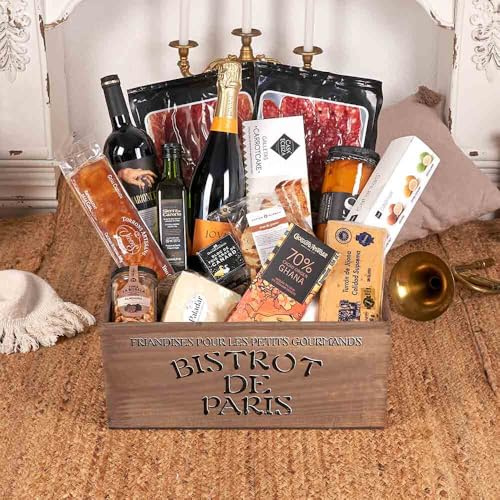 CESTA DE NAVIDAD - LOTE 380-25 / con vinos, cava reserva, ibéricos, queso curado, foie gras, aceite virgen extra y dulces artesanos en cajón de nogal bistró