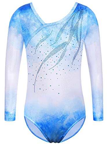 ZNYUNE B270 - Justaucorps de gymnastique pour fille - Manches longues, sans manches - Coloré, scintillant - Justaucorps de danse sportive pour enfants de 3 à 12 ans - Blanc bleu - 12A