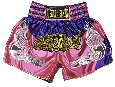 SIAMKICK Classic Muay Thai Shorts for Men Women Boxing Kickboxing High Grade MMA Fight Clothing Training Workout Trunks (M, Pink/Purple)
