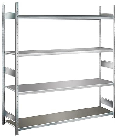 Oswald Transportgeräte Lagerregal mit Stahlböden, 2,5 m Breite, 2,5 m Höhe, 800 mm Tiefe, verzinkt, 4 Ebenen, Fachlast 400 kg